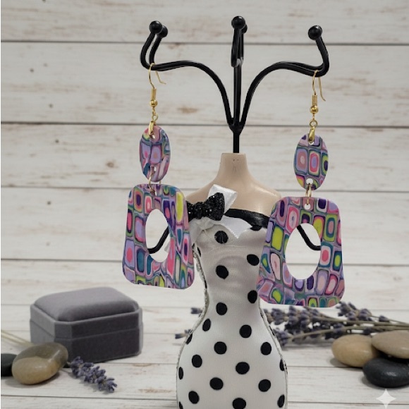 Handmade Geometric Dangle Earrings –Bold, Artsy, Handmade Polymer Clay Host Pick - Picture 7 of 15